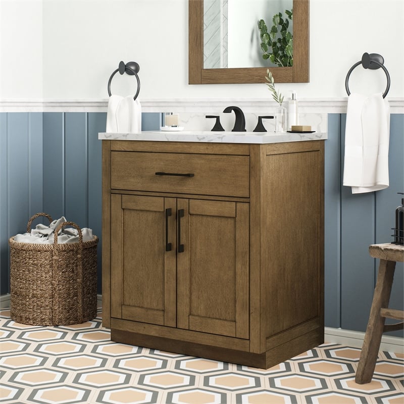 Athea 30 in. Almond Latte Bathroom Vanity with White Top Black Hardware