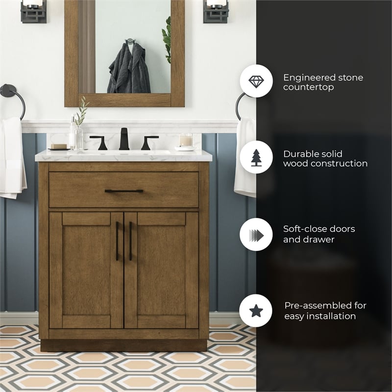 Athea 30 in. Almond Latte Bathroom Vanity with White Top Black Hardware