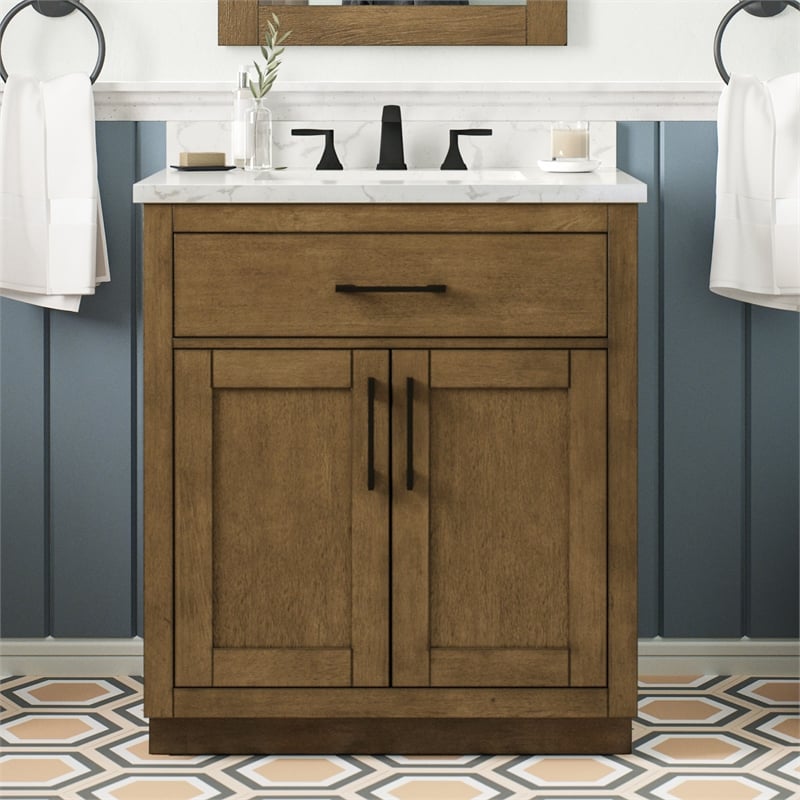 Athea 30 in. Almond Latte Bathroom Vanity with White Top Black Hardware