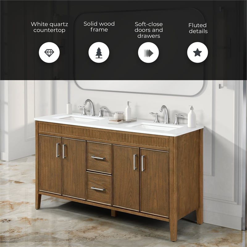 Juliette 60 in. Warm Walnut Bathroom Vanity with White Quartz Top