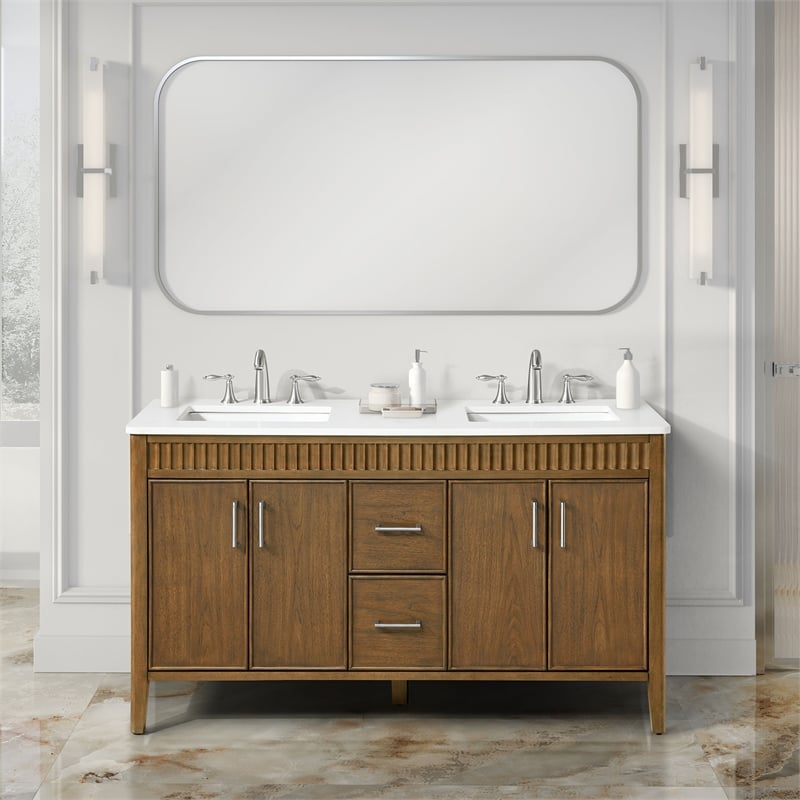 Juliette 60 in. Warm Walnut Bathroom Vanity with White Quartz Top