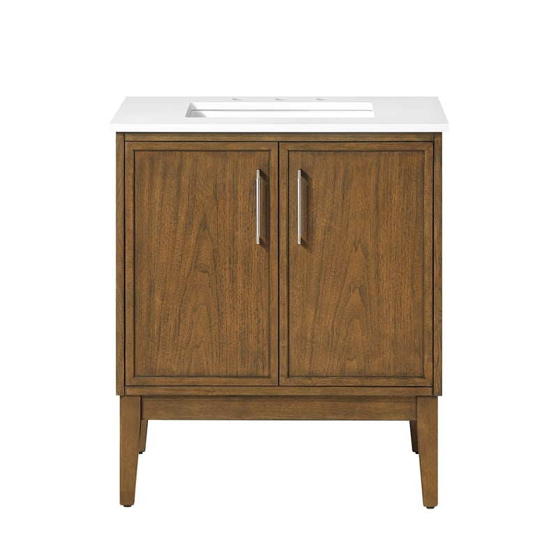 Kira 30 in. Warm Walnut Bathroom Vanity with White Engineered Stone Top