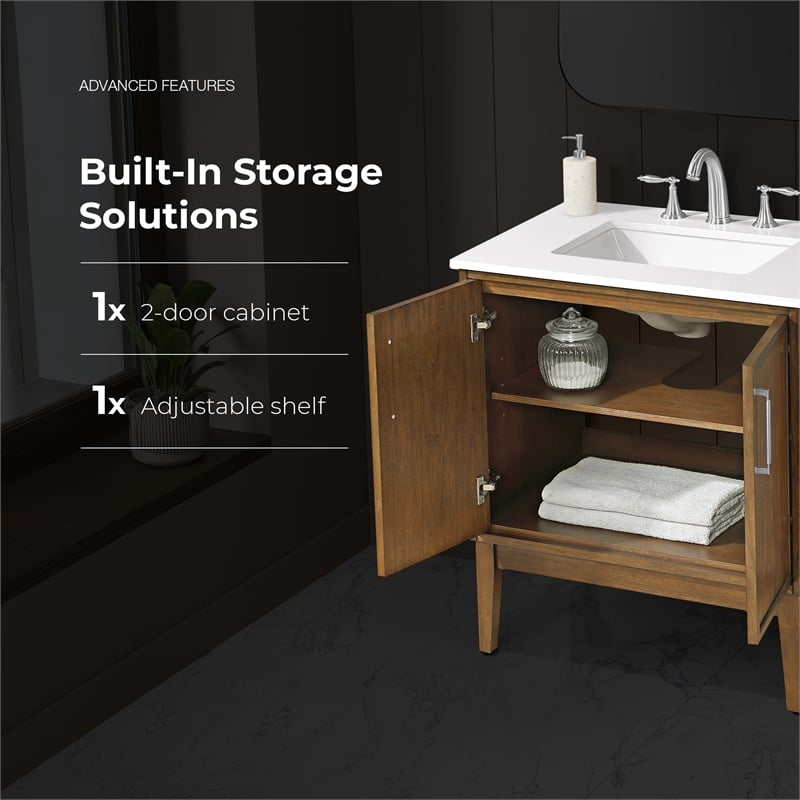Kira 30 in. Warm Walnut Bathroom Vanity with White Engineered Stone Top