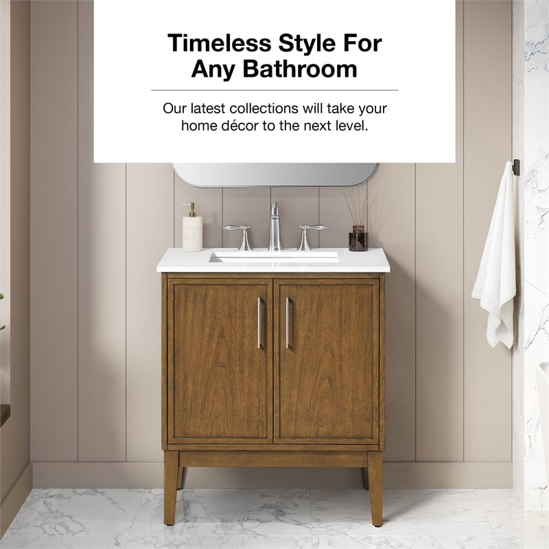 Kira 30 in. Warm Walnut Bathroom Vanity with White Engineered Stone Top