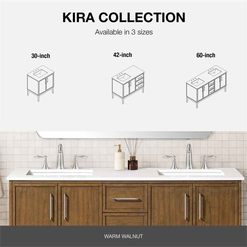 Kira 30 in. Warm Walnut Bathroom Vanity with White Engineered Stone Top