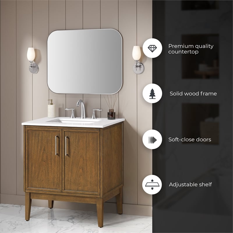 Kira 30 in. Warm Walnut Bathroom Vanity with White Engineered Stone Top