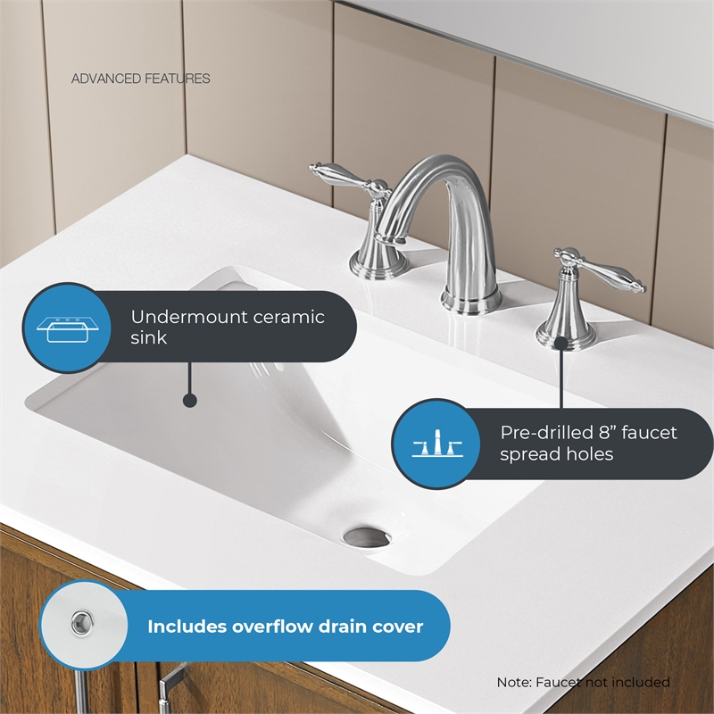 Kira 30 in. Warm Walnut Bathroom Vanity with White Engineered Stone Top