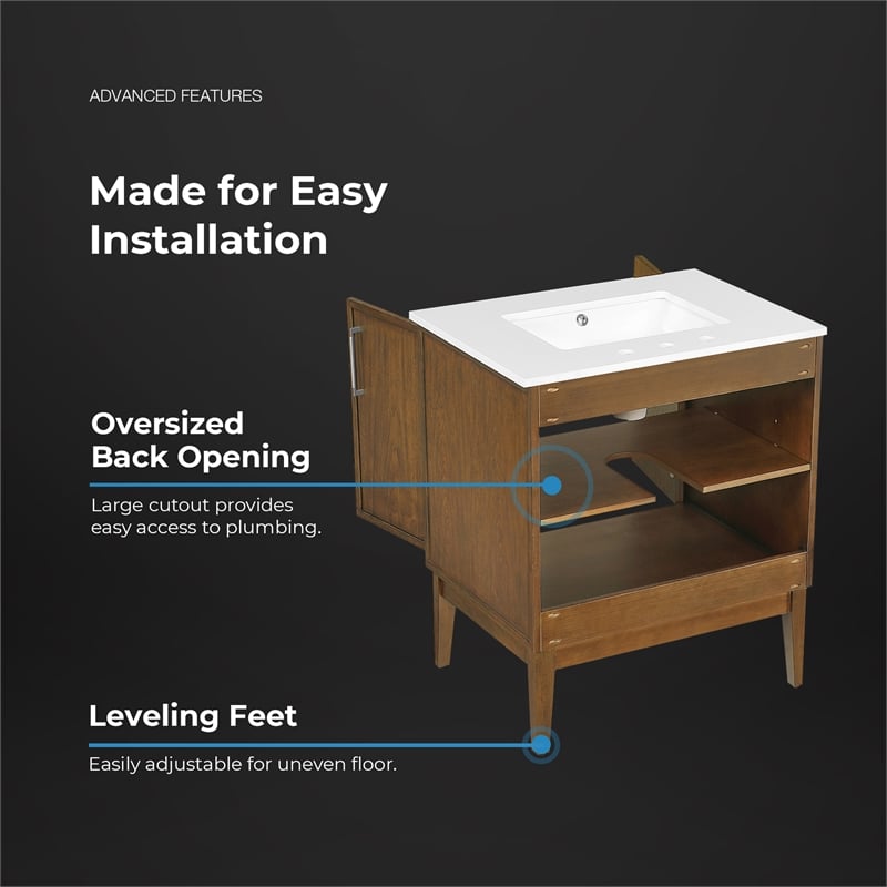 Kira 30 in. Warm Walnut Bathroom Vanity with White Engineered Stone Top