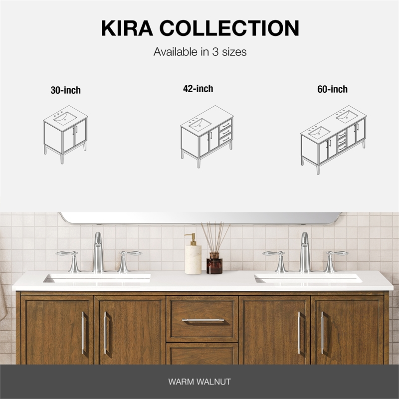 Kira 42 in. Warm Walnut Bathroom Vanity with White Engineered Stone Top
