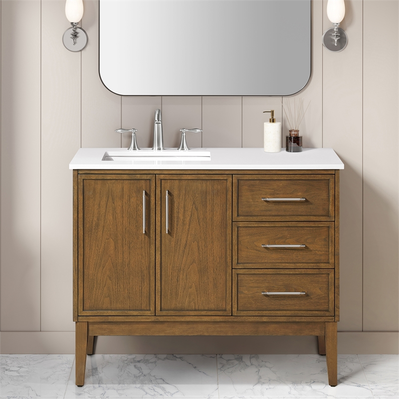 Kira 42 in. Warm Walnut Bathroom Vanity with White Engineered Stone Top