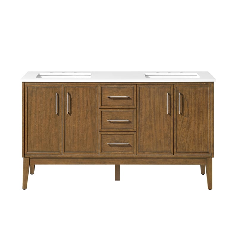 Kira 60 in. Warm Walnut Bathroom Vanity with White Engineered Stone Top
