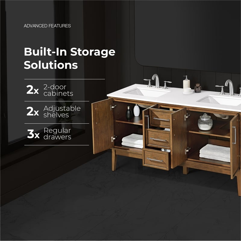 Kira 60 in. Warm Walnut Bathroom Vanity with White Engineered Stone Top