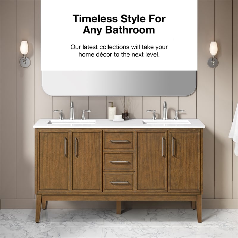 Kira 60 in. Warm Walnut Bathroom Vanity with White Engineered Stone Top