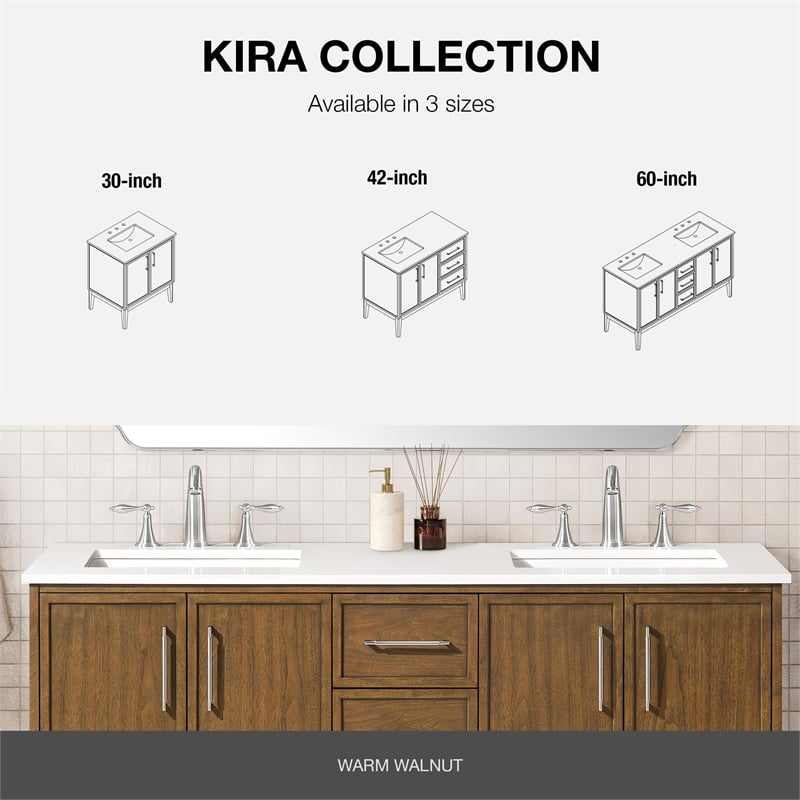 Kira 60 in. Warm Walnut Bathroom Vanity with White Engineered Stone Top