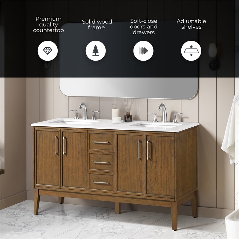 Kira 60 in. Warm Walnut Bathroom Vanity with White Engineered Stone Top