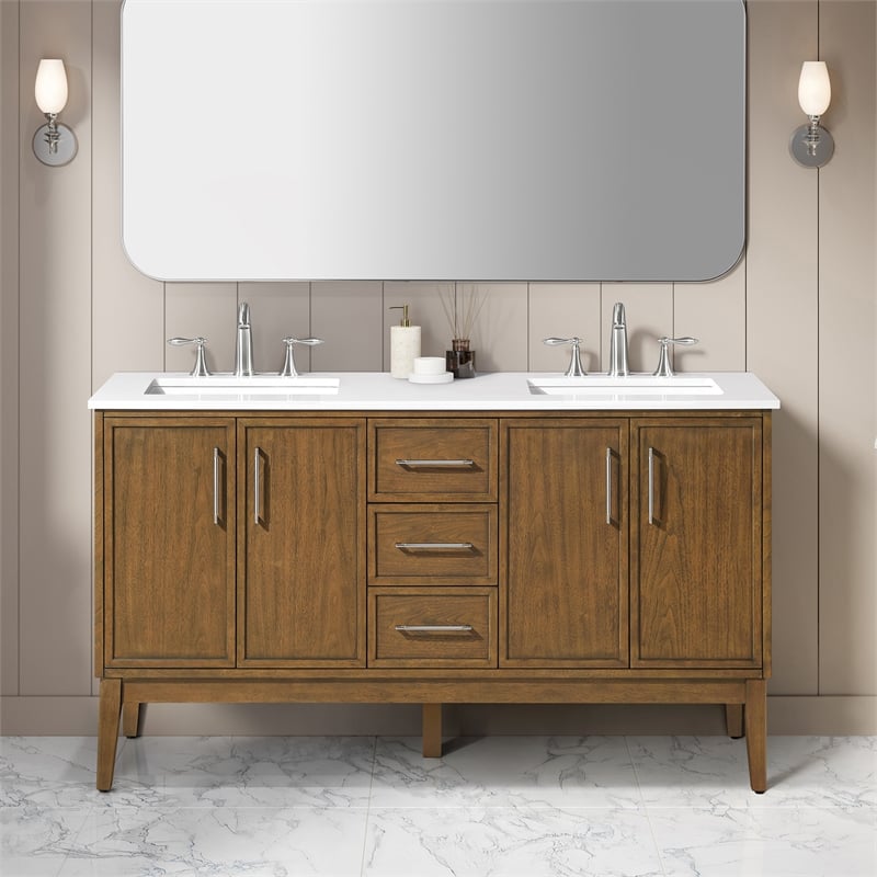 Kira 60 in. Warm Walnut Bathroom Vanity with White Engineered Stone Top