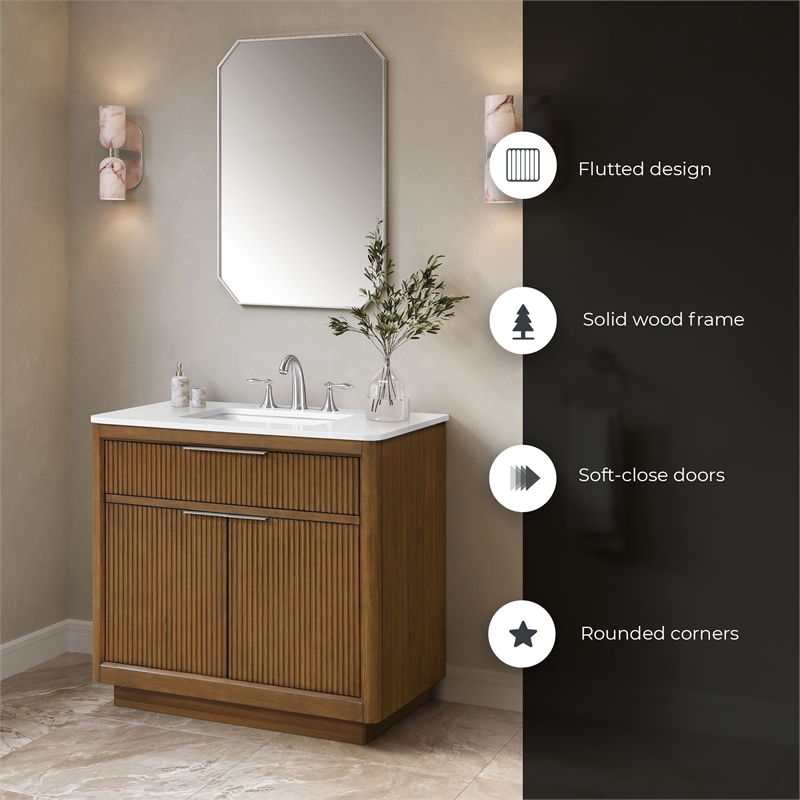 Xander 36 in. Warm Walnut Bathroom Vanity with White Engineered Stone Top