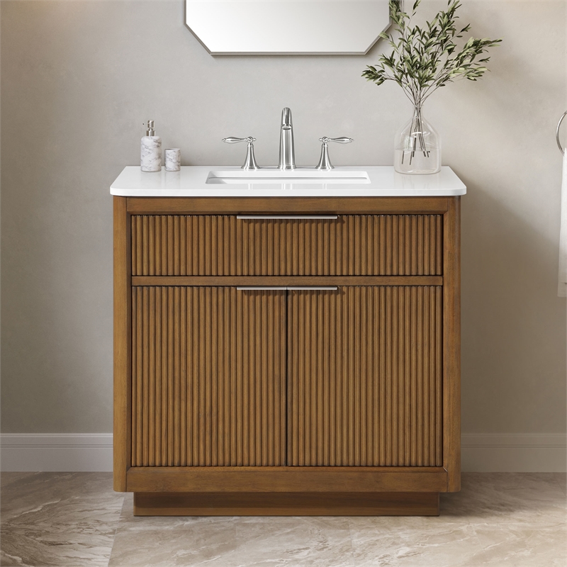 Xander 36 in. Warm Walnut Bathroom Vanity with White Engineered Stone Top