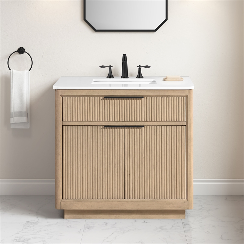 Xander 36 in. Sahara Birch Bathroom Vanity with White Engineered Stone Top