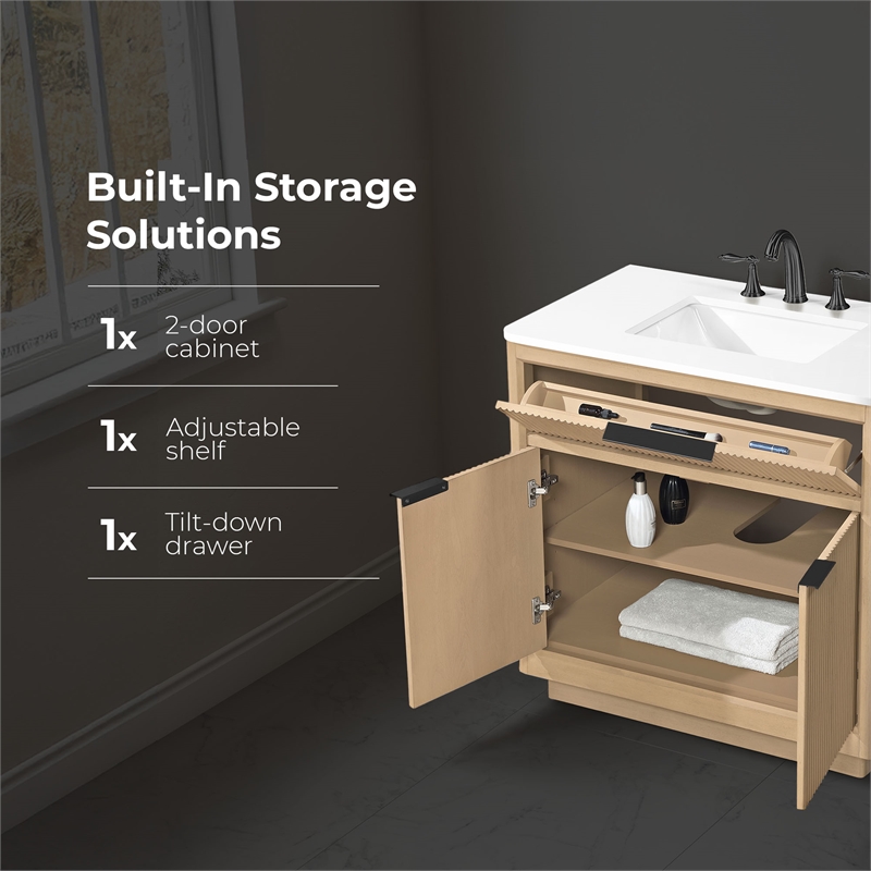 Xander 36 in. Sahara Birch Bathroom Vanity with White Engineered Stone Top