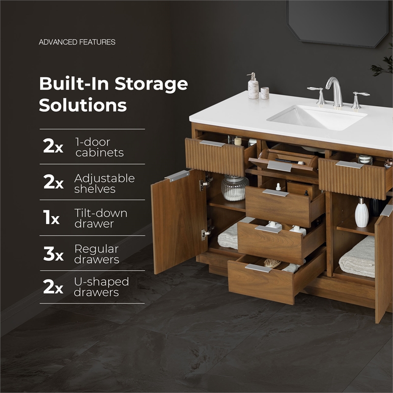 Xander 48 in. Warm Walnut Bathroom Vanity with White Engineered Stone Top