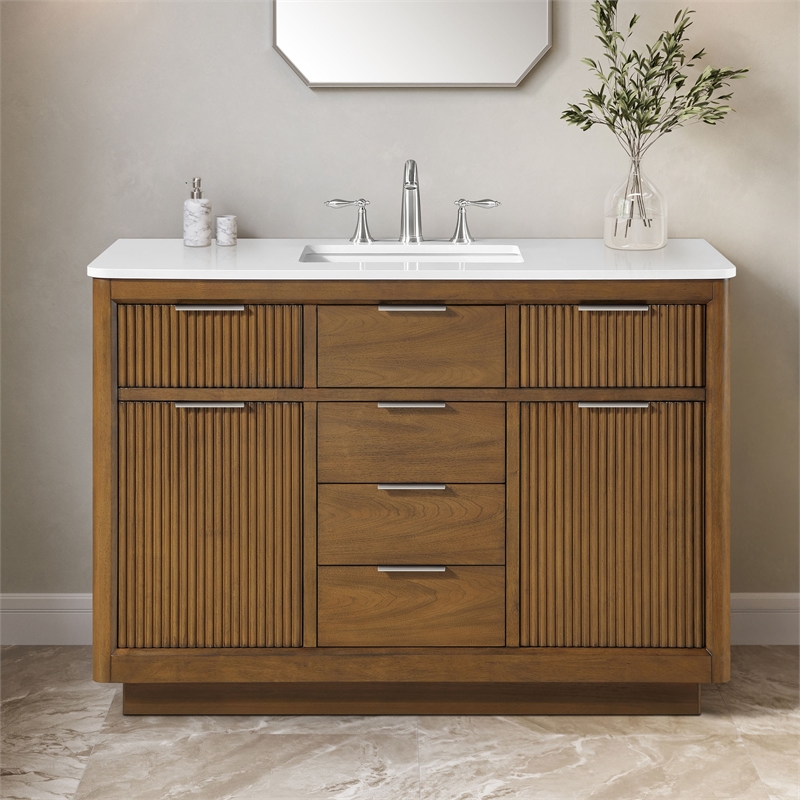 Xander 48 in. Warm Walnut Bathroom Vanity with White Engineered Stone Top
