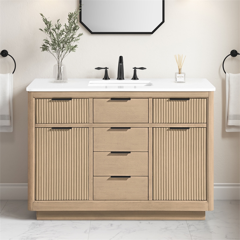 Xander 48 in. Sahara Birch Bathroom Vanity with White Engineered Stone Top