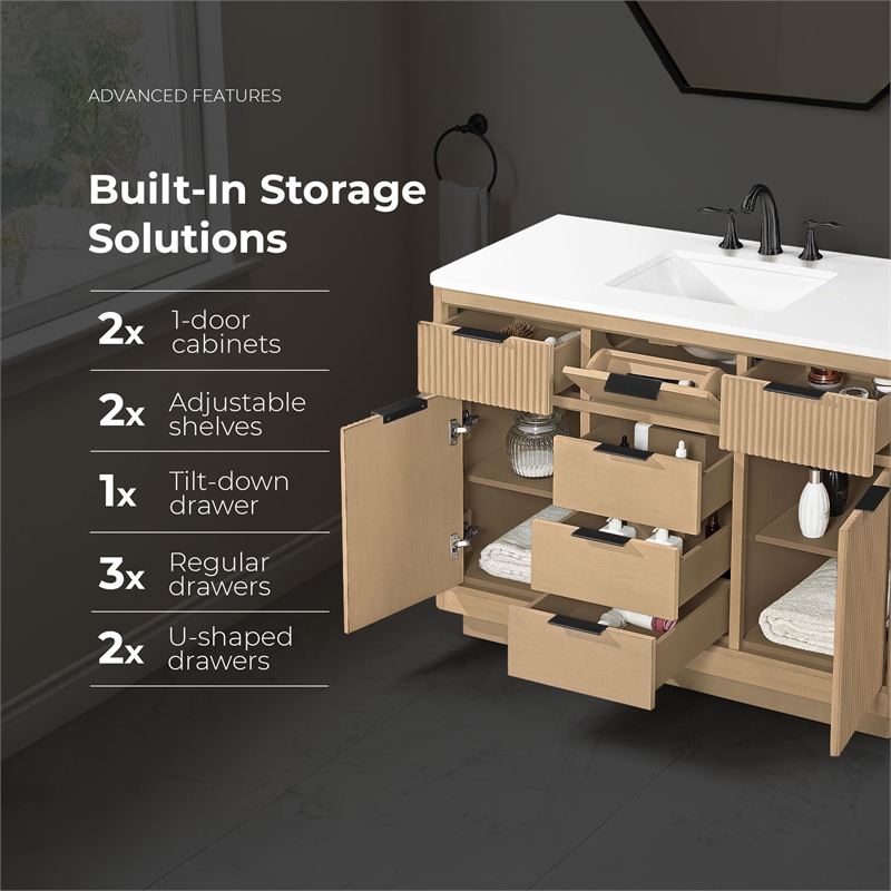 Xander 48 in. Sahara Birch Bathroom Vanity with White Engineered Stone Top