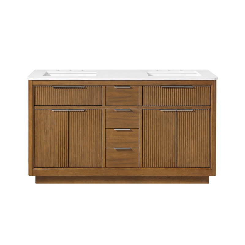 Xander 60 in. Warm Walnut Bathroom Vanity with White Engineered Stone Top