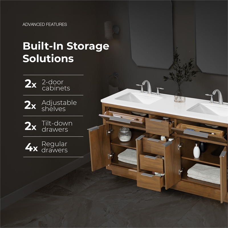 Xander 60 in. Warm Walnut Bathroom Vanity with White Engineered Stone Top