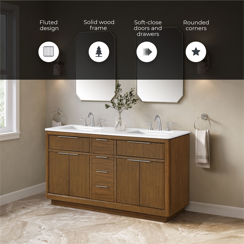 Xander 60 in. Warm Walnut Bathroom Vanity with White Engineered Stone Top