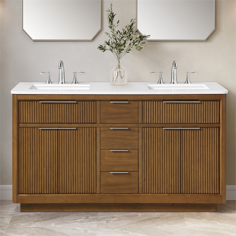 Xander 60 in. Warm Walnut Bathroom Vanity with White Engineered Stone Top
