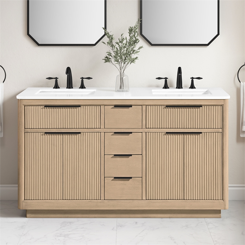 Xander 60 in. Sahara Birch Bathroom Vanity with White Engineered Stone Top