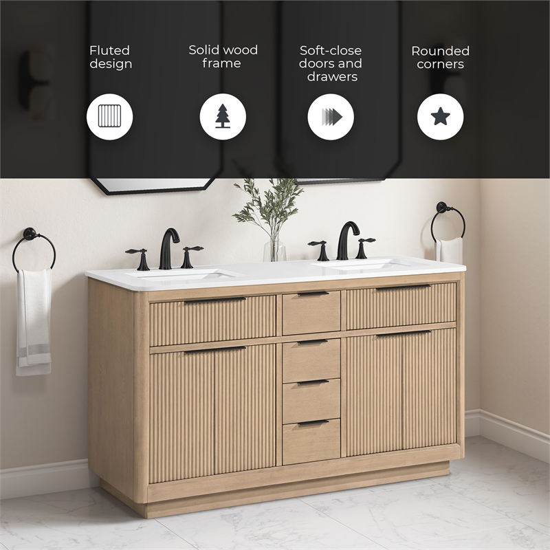 Xander 60 in. Sahara Birch Bathroom Vanity with White Engineered Stone Top