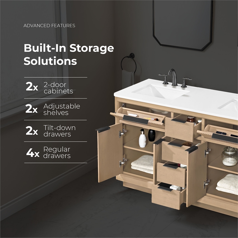 Xander 60 in. Sahara Birch Bathroom Vanity with White Engineered Stone Top