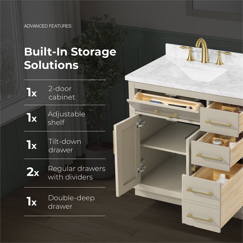 Athea 36 in. Greige Bathroom Vanity with White Top and Gold Hardware