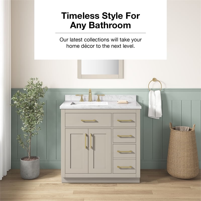 Athea 36 in. Greige Bathroom Vanity with White Top and Gold Hardware