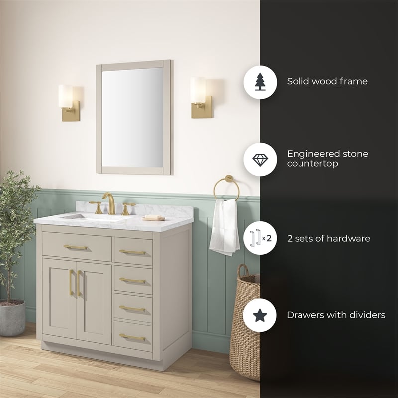 Athea 36 in. Greige Bathroom Vanity with White Top and Gold Hardware