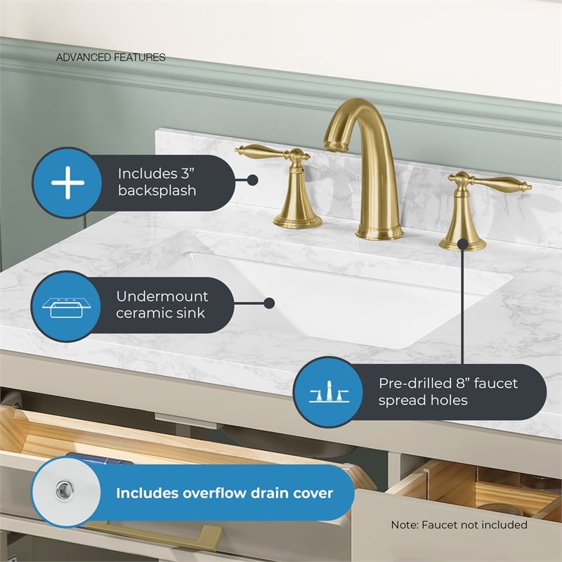 Athea 36 in. Greige Bathroom Vanity with White Top and Gold Hardware