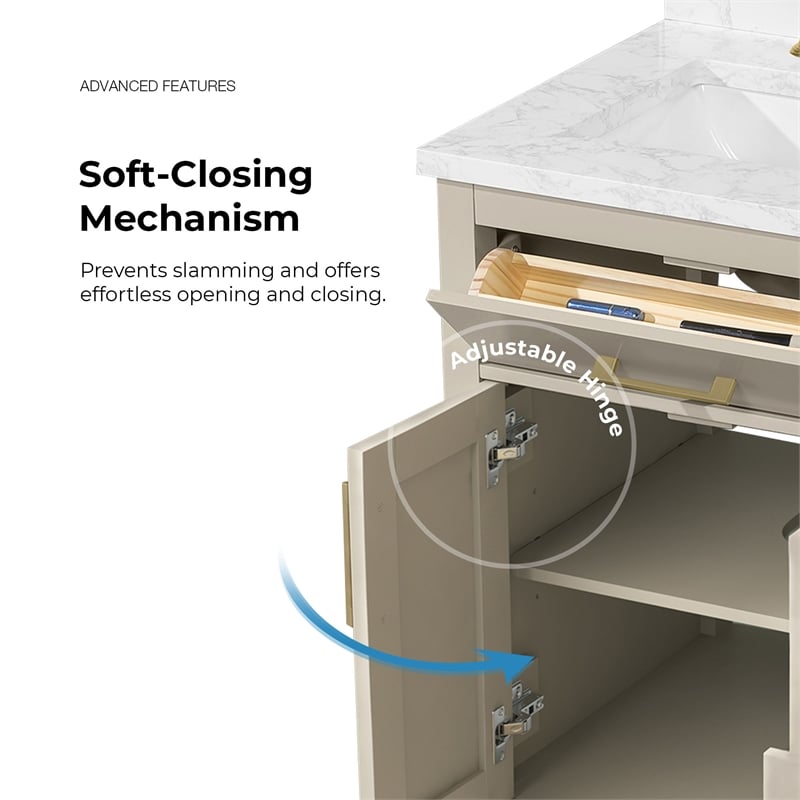 Athea 36 in. Greige Bathroom Vanity with White Top and Gold Hardware