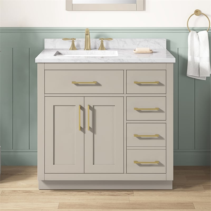 Athea 36 in. Greige Bathroom Vanity with White Top and Gold Hardware