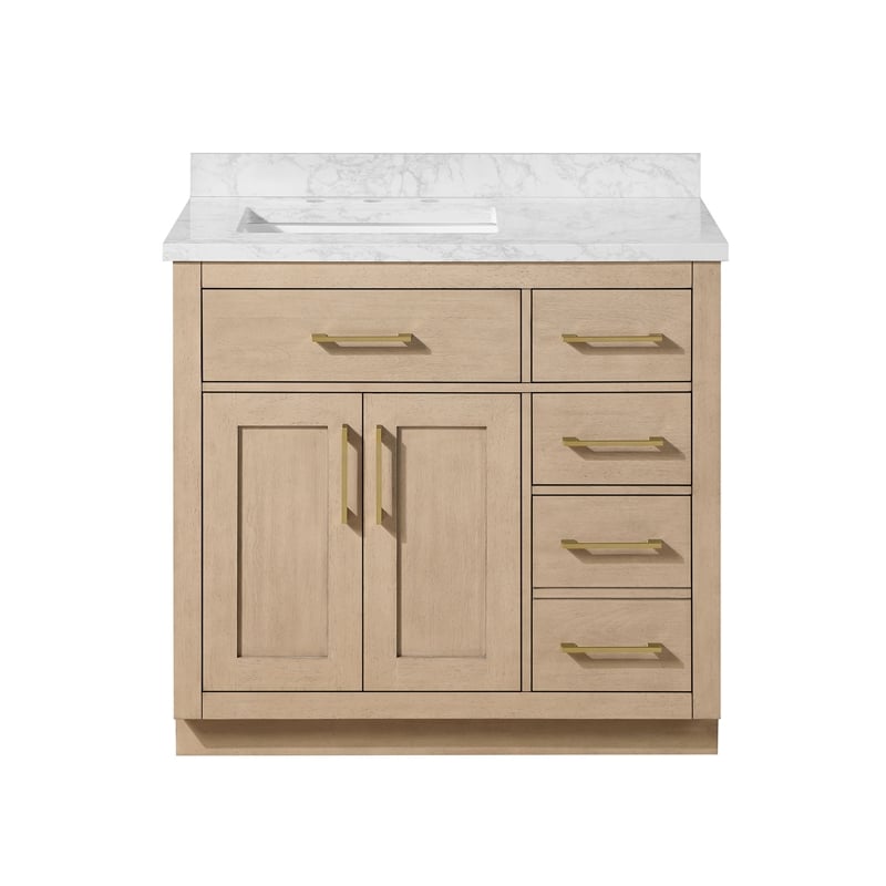 Athea 36 in. Sahara Birch Bathroom Vanity with White Top and Gold Hardware