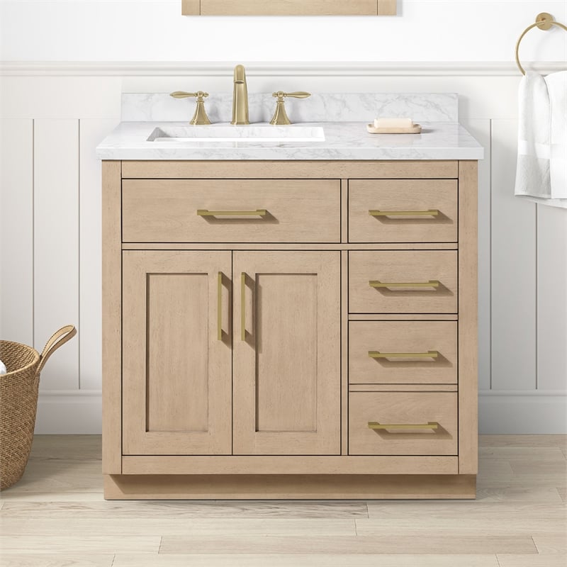 Athea 36 in. Sahara Birch Bathroom Vanity with White Top and Gold Hardware