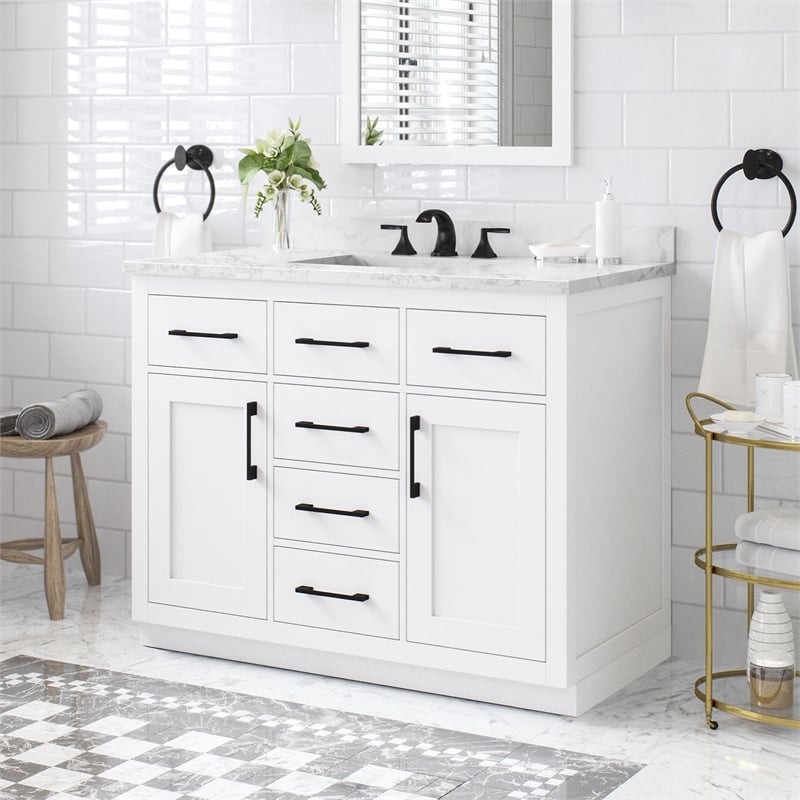 Athea 42 in. White Bathroom Vanity with White Top Black Hardware