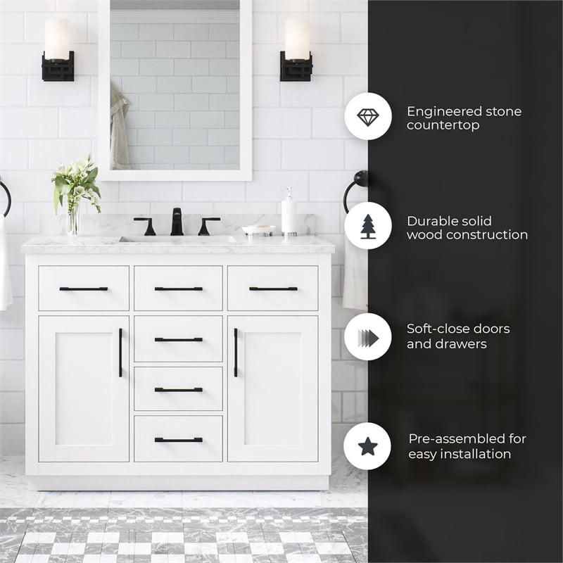 Athea 42 in. White Bathroom Vanity with White Top Black Hardware