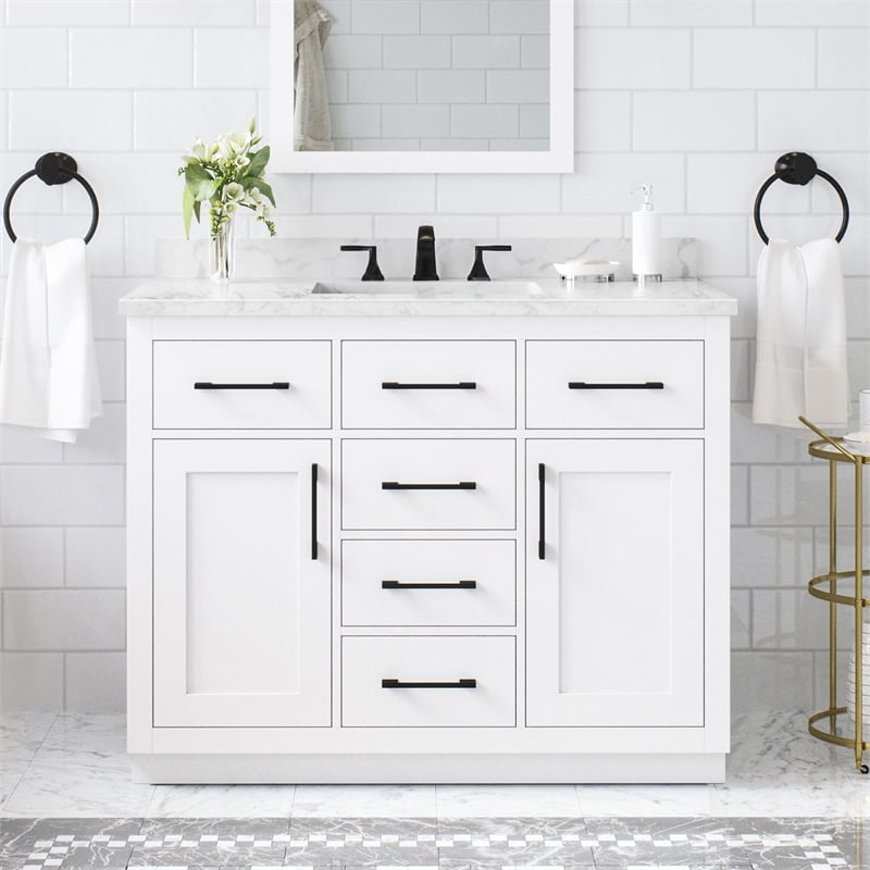 Athea 42 in. White Bathroom Vanity with White Top Black Hardware
