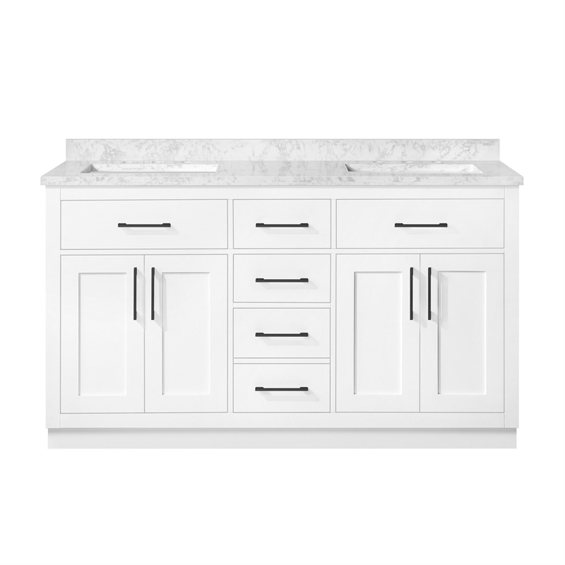 Athea 60 in. White Bathroom Vanity with White Top Black Hardware