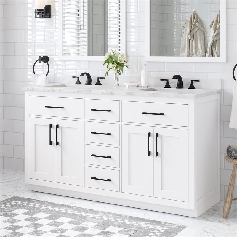 Athea 60 in. White Bathroom Vanity with White Top Black Hardware