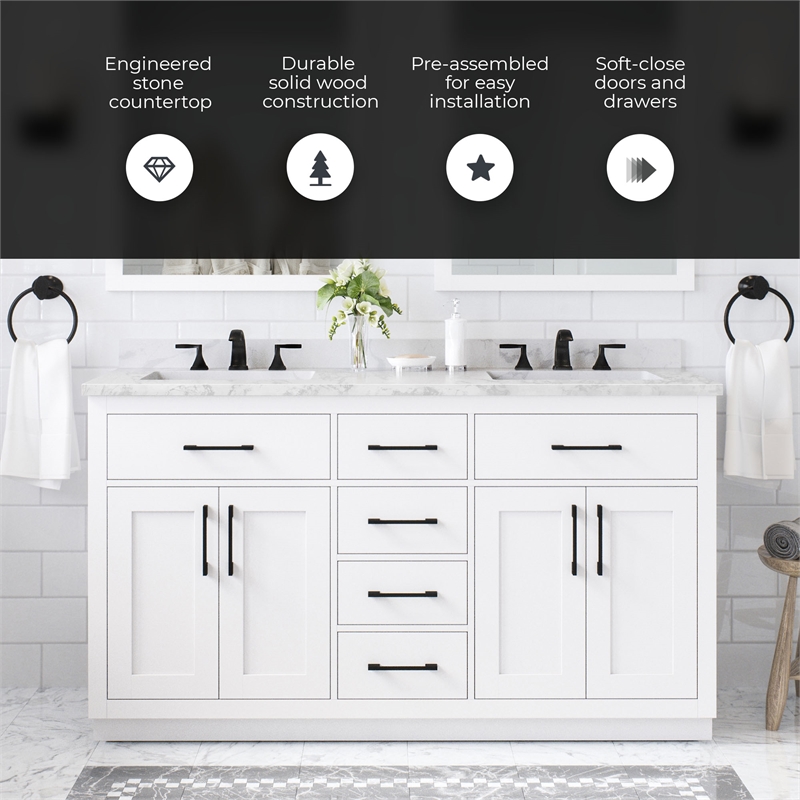 Athea 60 in. White Bathroom Vanity with White Top Black Hardware