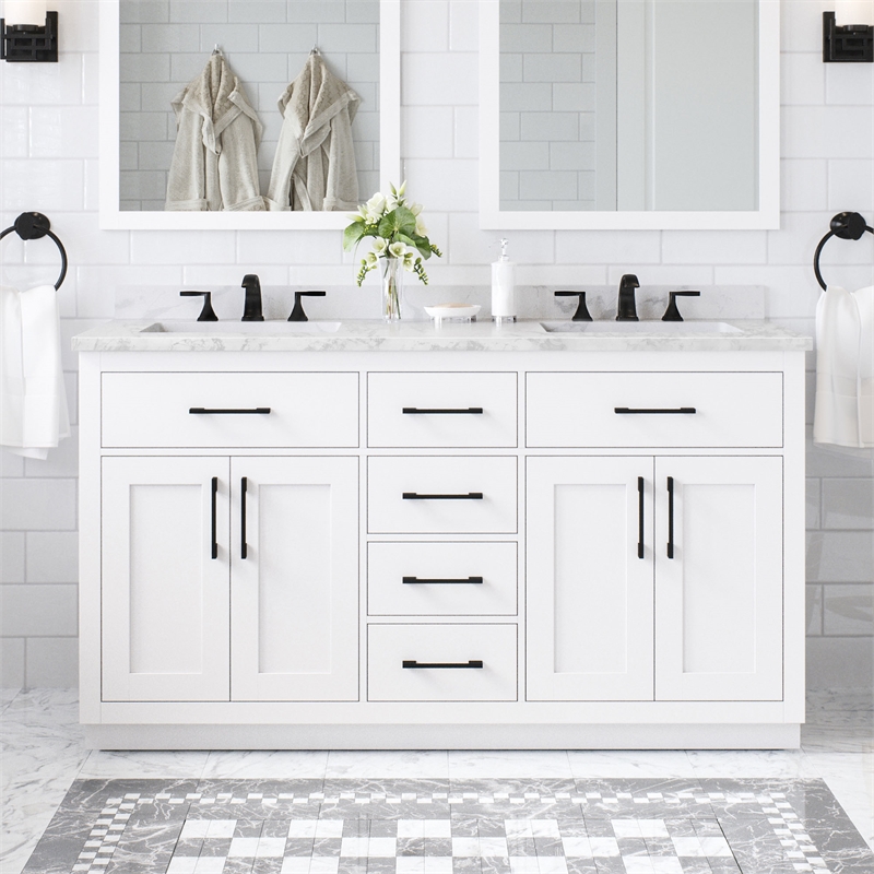Athea 60 in. White Bathroom Vanity with White Top Black Hardware
